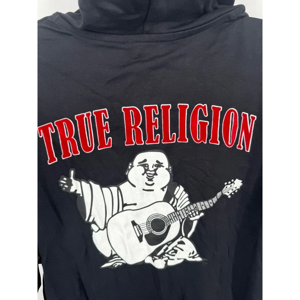 NWT True Religion Flocked Logo Hooded Henley T-Shirt Shirt Men's Large Jet Black